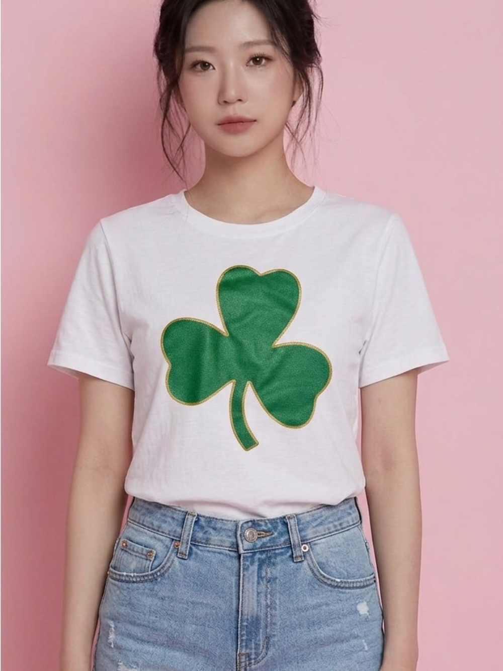 White T‑Shirt with Green Shamrock Clover Graphic Saint Patrick Day T-Shirt